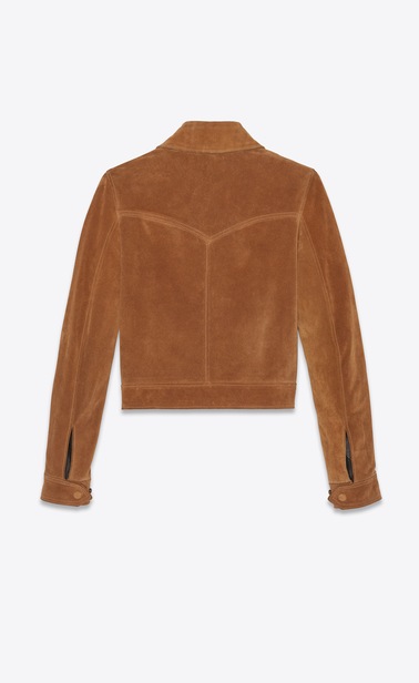 SAINT LAURENT Vestes Cuir Femme Veste à broderies roses en croute de cuir noisette b_V4